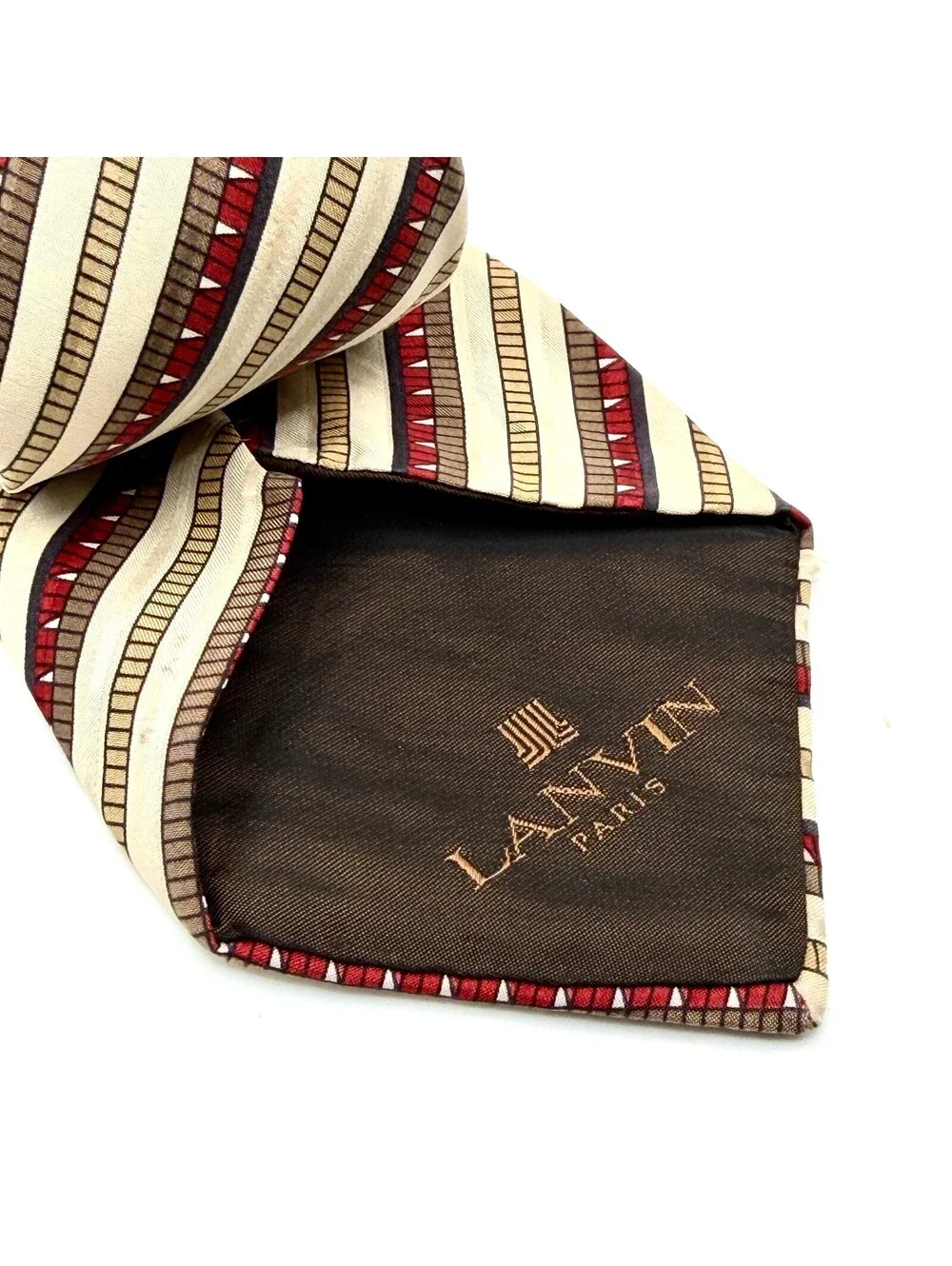 Vintage 80s Lanvin Cream Silk Striped Geometric Tie